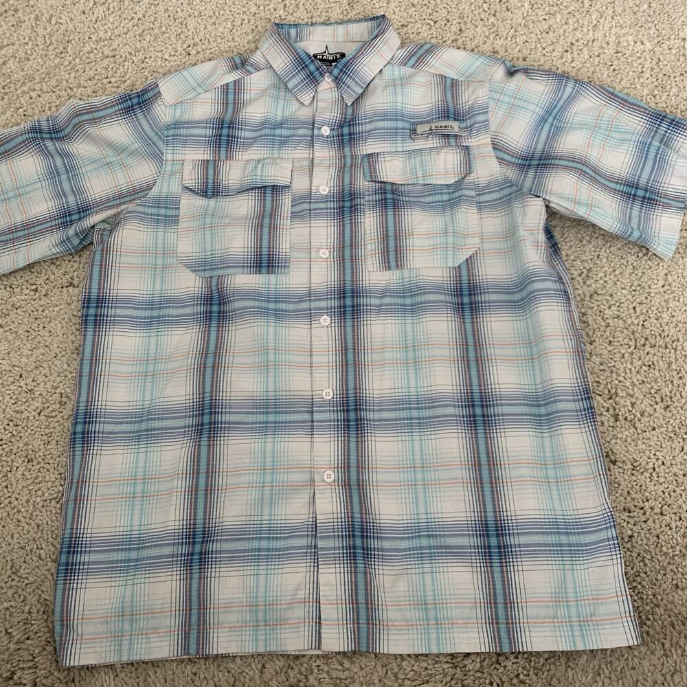 Habit Fishing Shirt Mens Large Vented Lightweight Blue Plaid 40+ Sun Protection